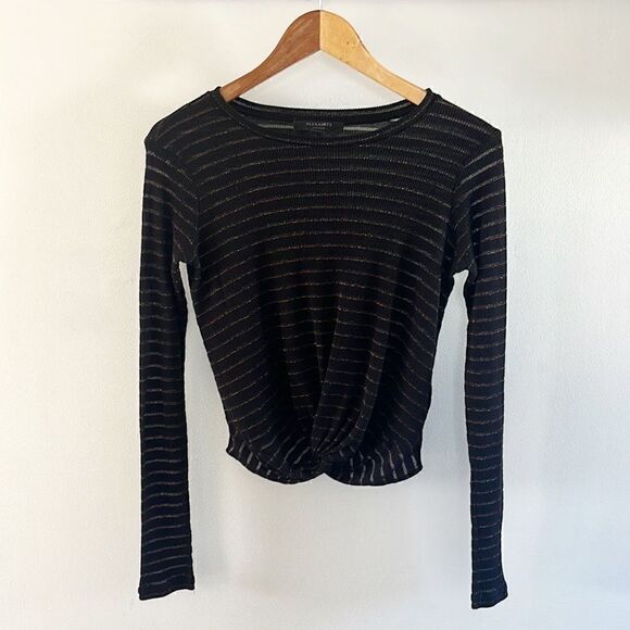 All Saints Carme Shimmer Stripe Twist Tee M Metallic Black Gold - Picture 6 of 10